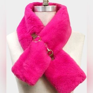 Horsebit detailing on Super Luxurious Fuschia Faux Fur crossover Scarf